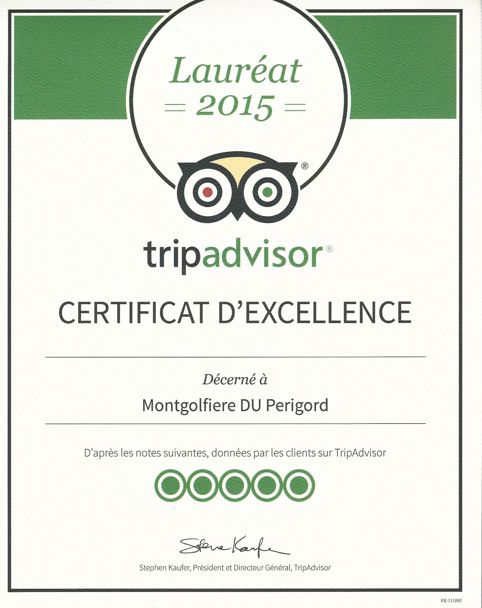 Image du certificat d'excellence Tripadvisor 2015 décerné aux Montgolfières du Périgord